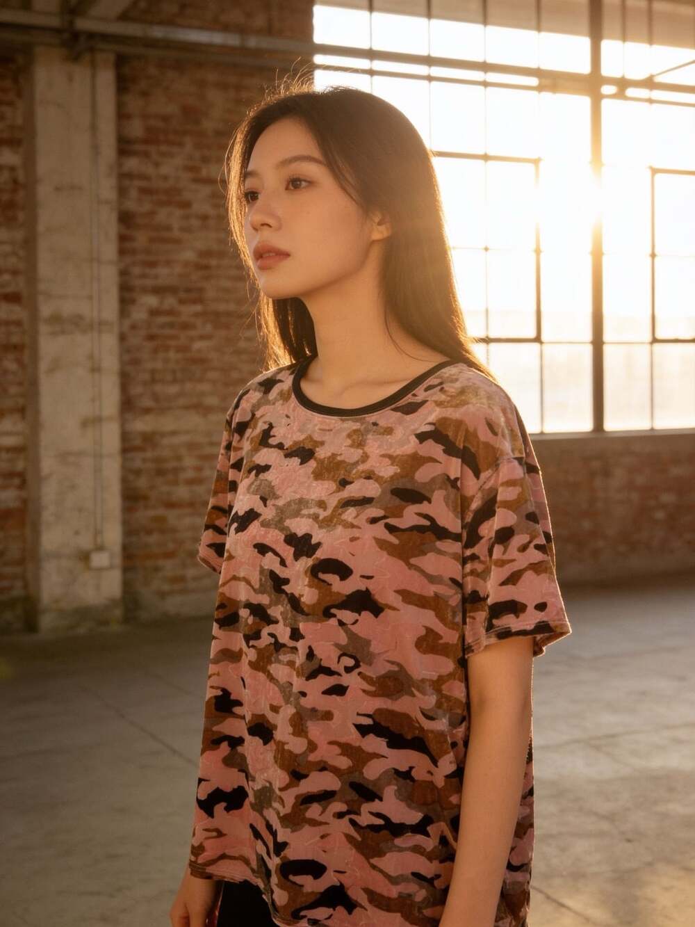 We The Free People Pink Camo Velvet Burnout Teddy Tee Top Size Small